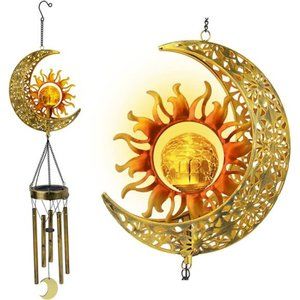 Sun Moon Solar Wind Chimes for Outside Crackle Glass Ball Waterproof Wind Chimes